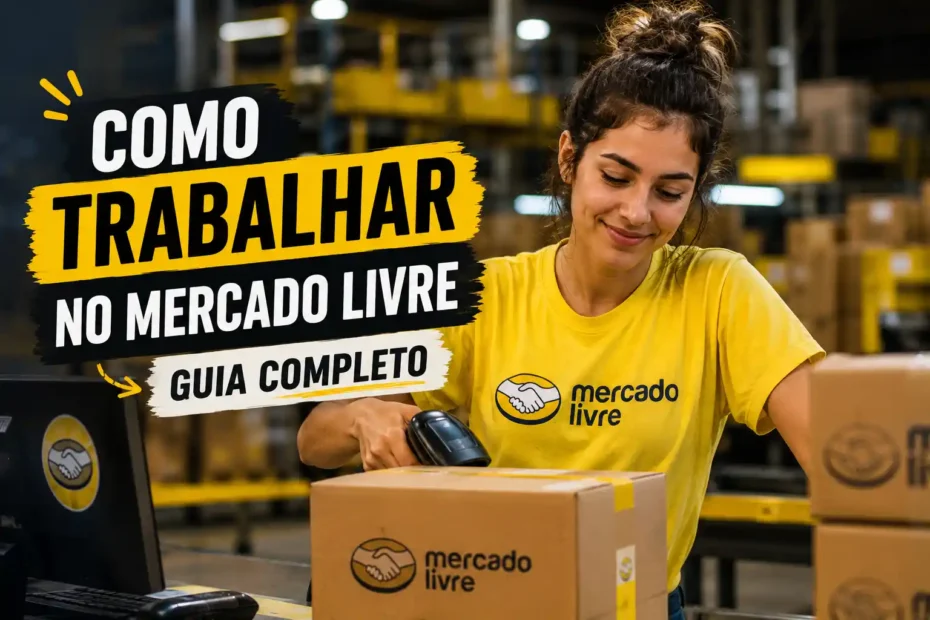 Funcionária do Mercado Livre trabalhando em escritório com notebook e caixas ao redor, representando como trabalhar no Mercado Livre e conquistar uma vaga na empresa