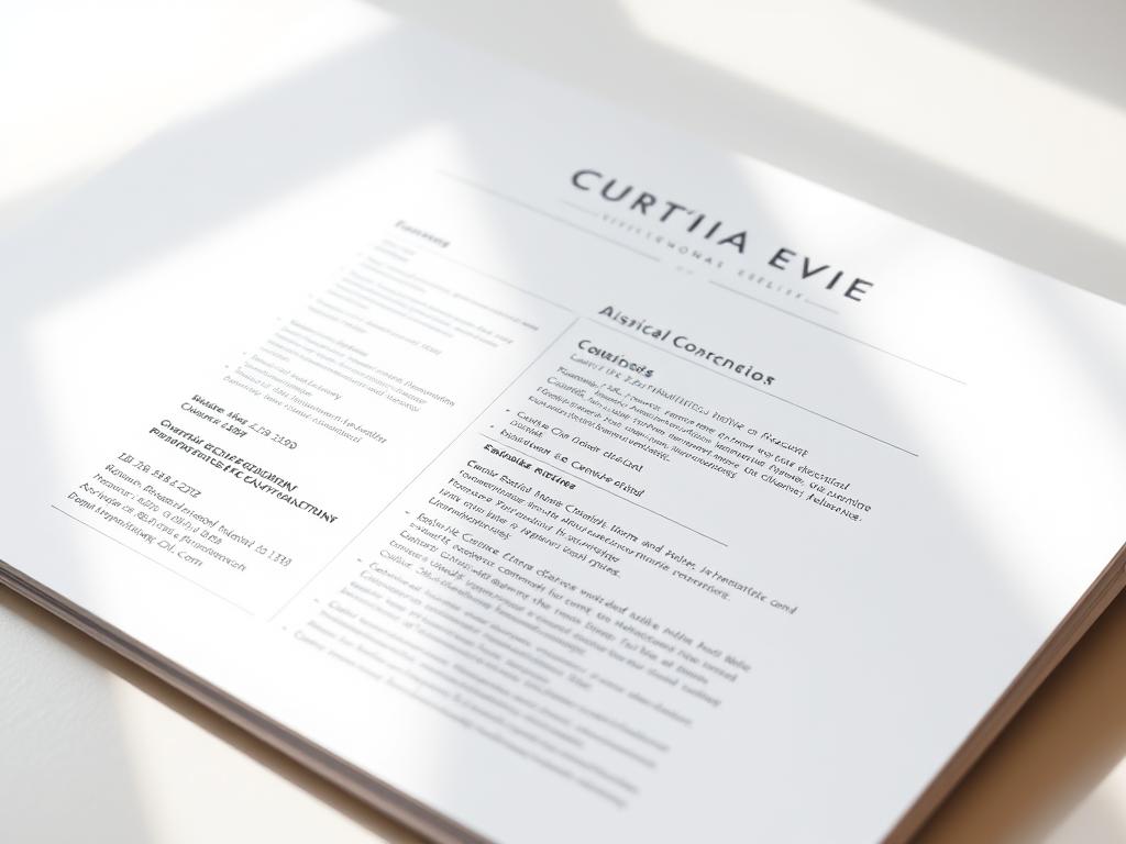 A beautifully crafted curriculum vitae, meticulously designed with a clean and professional aesthetic. The layout features a harmonious balance of text and whitespace, allowing the key information to shine. Elegant typography and subtle accents create a sense of sophistication. The overall composition evokes a mood of confidence and attention to detail, perfectly capturing the essence of an ideal resume in a modern, minimalist style. Soft, natural lighting illuminates the page, lending a sense of warmth and approachability. The camera angle is positioned to showcase the document's seamless structure and visual appeal, inviting the viewer to appreciate the thoughtful craftsmanship behind this exemplary curriculum vitae. A beautifully crafted curriculum vitae, meticulously designed with a clean and professional aesthetic. The layout features a harmonious balance of text and whitespace, allowing the key information to shine. Elegant typography and subtle accents create a sense of sophistication. The overall composition evokes a mood of confidence and attention to detail, perfectly capturing the essence of an ideal resume in a modern, minimalist style. Soft, natural lighting illuminates the page, lending a sense of warmth and approachability. The camera angle is positioned to showcase the document's seamless structure and visual appeal, inviting the viewer to appreciate the thoughtful craftsmanship behind this exemplary curriculum vitae.