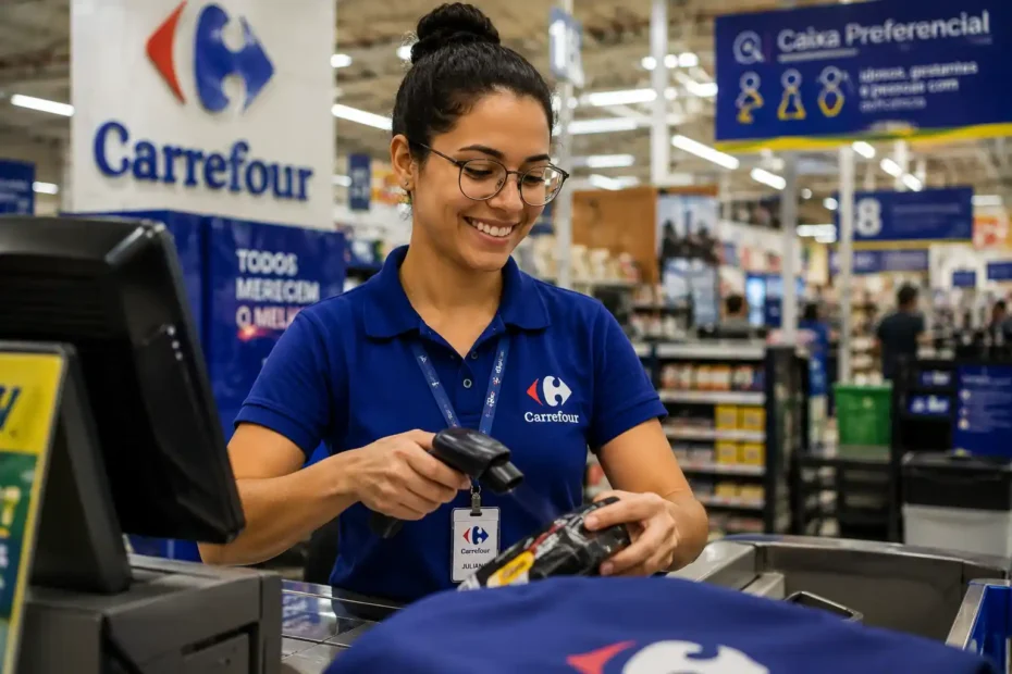 Funcionária do Carrefour trabalhando como operadora de caixa em supermercado, atendendo cliente e registrando compras