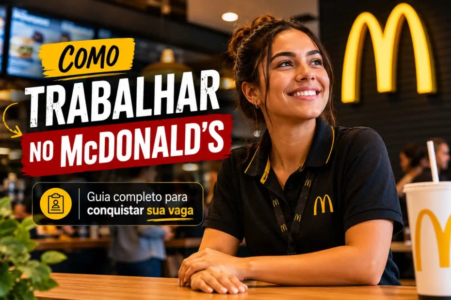 Funcionária sorridente do McDonald’s dentro do restaurante, ilustrando como trabalhar no McDonald’s e conquistar uma vaga na empresa