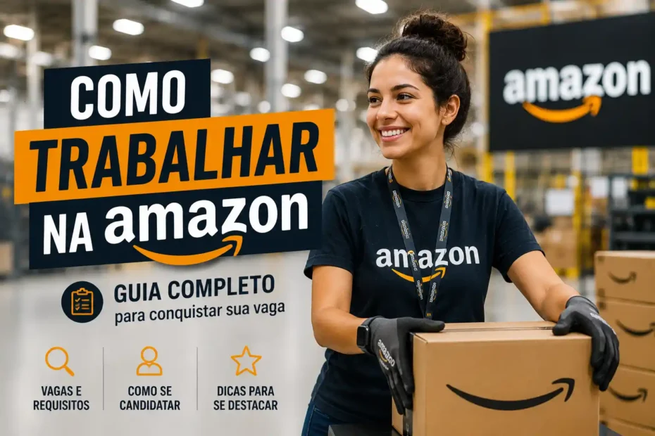 Trabalhadora da Amazon em armazém logístico com caixas, ilustrando como trabalhar na Amazon, requisitos, salário e como se candidatar