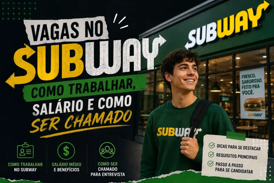 Jovem sorridente em frente a uma loja do Subway com uniforme da marca, representando vagas de emprego no Subway e oportunidades de trabalho em fast food